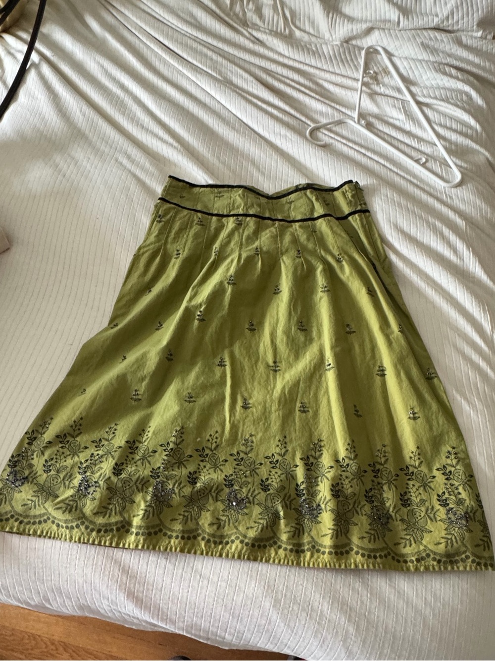 H&M Olive Green A-Line Skirt with Black Floral Hem Embroidery